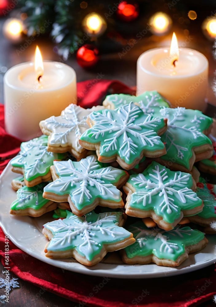 Frosted Christmas Cookies On A Plate, With A Candlelit Background. Frosted Christmas Cookies On A Plate, With A Candlelit Background.