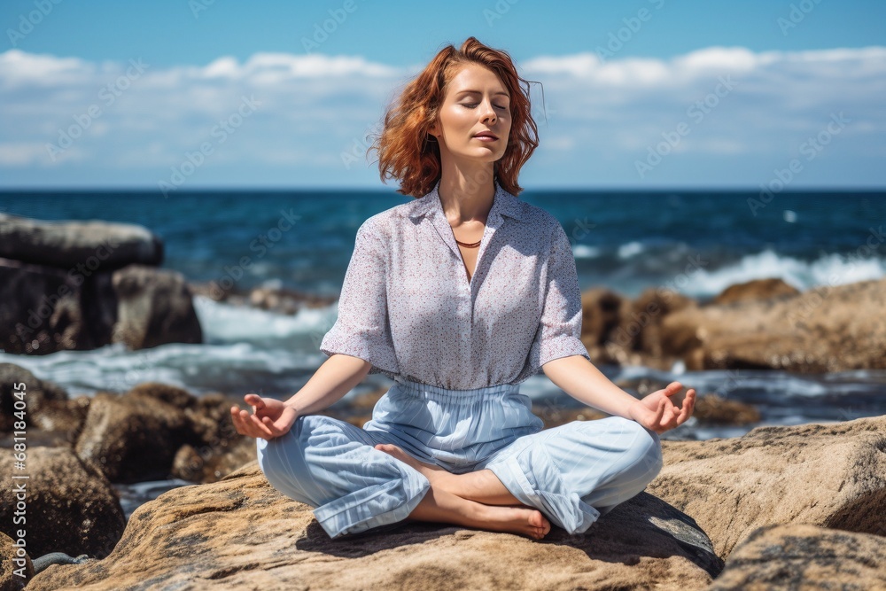 Coastal serenity: a young woman meditates on a seashore rock, practicing mindfulness and focused breathing for mental well-being—a breathwork concept embracing nature's calming influence