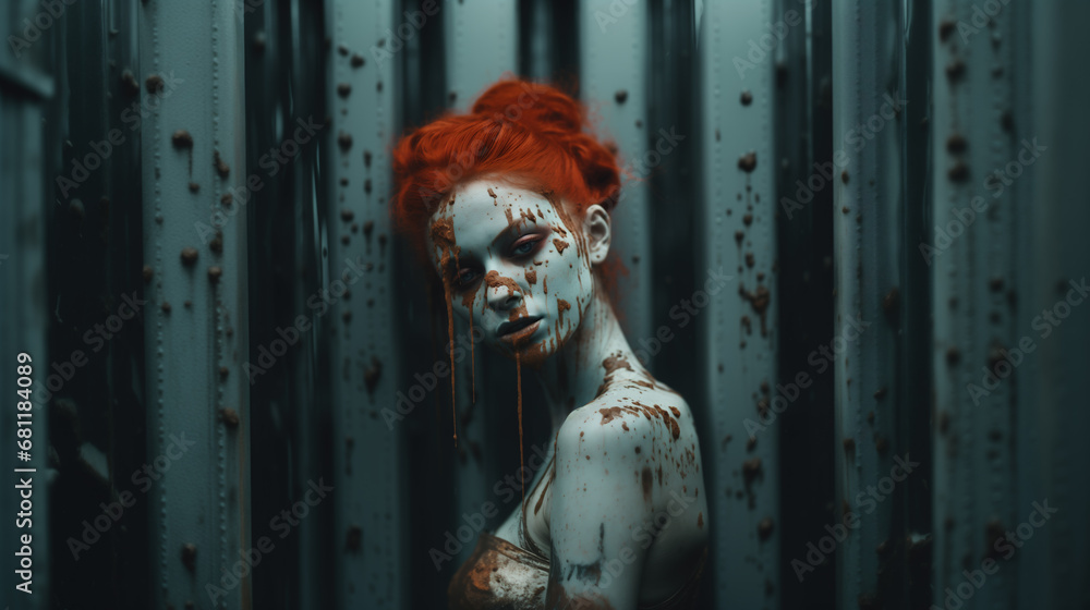 Anxiety is the rust of life that eats away like corrosion at your spirit and stains your soul - deeply emotional portrait portraying great sadness and emotional hurt - red hair model covered in paint 