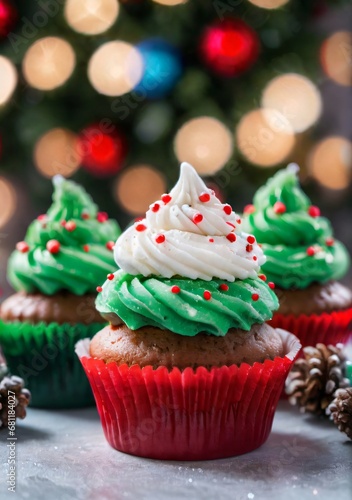 Christmas Themed Cupcakes With A Bokeh Light Background.