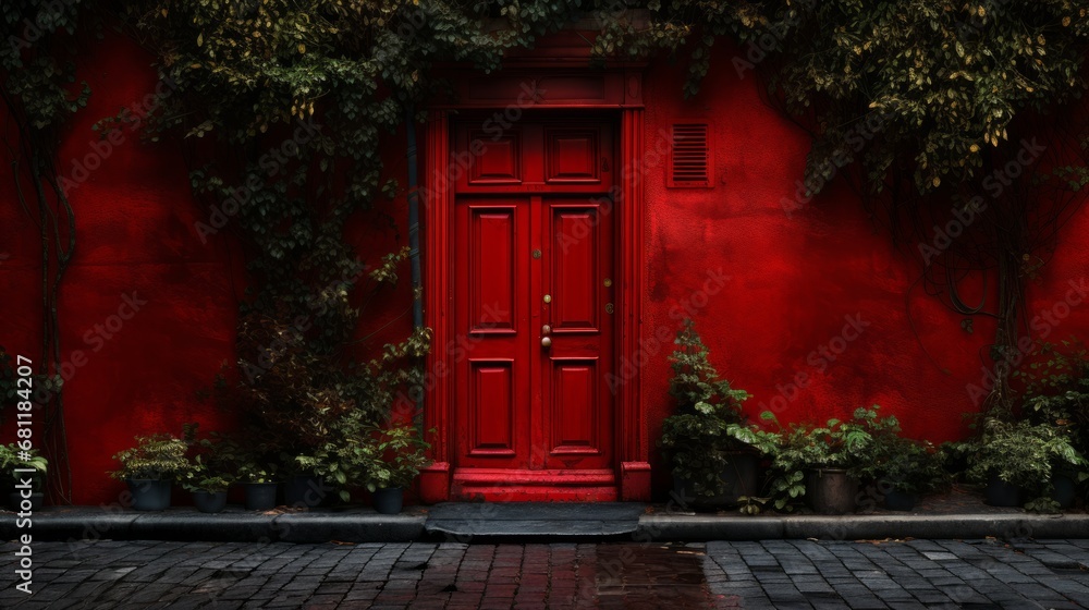 Fototapeta premium stylish red door in the red house ai generated
