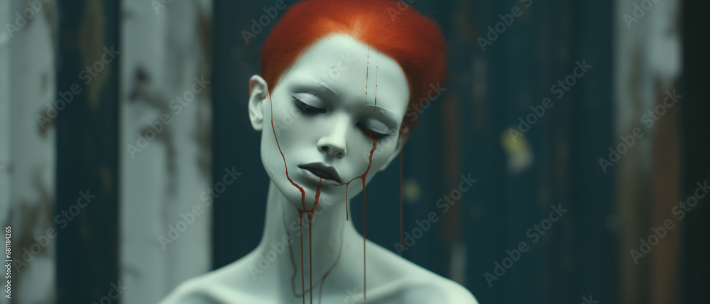 Anxiety is the rust of life that eats away like corrosion at your spirit and stains your soul - deeply emotional portrait portraying great sadness and emotional hurt - red hair model covered in paint 