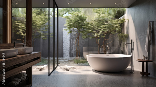 A bathroom retreat has a freestanding tub