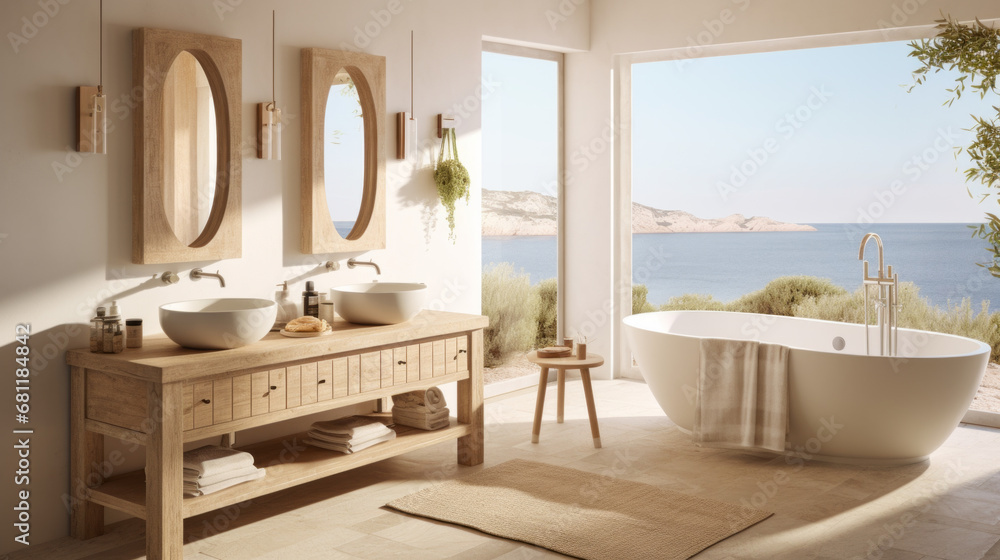 A bathroom retreat has a double vanity and a statement mirror