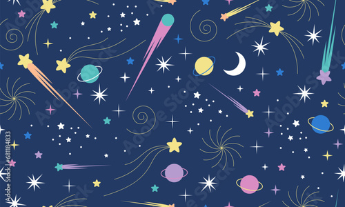 Seamless pattern with stars. Hand drawn stars texture. Night starry sky. Space universe or dark black cosmos pattern with constellation, falling meteorites, comets and twinkling stars light