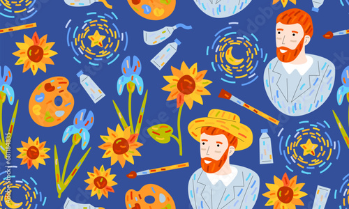 Seamless pattern with differnt art symbols. Vincent van Gogh, sunflowers and iris flowers, palette, brushes and oil colors, Starry Night, Portrait with Straw Hat. Artist and art