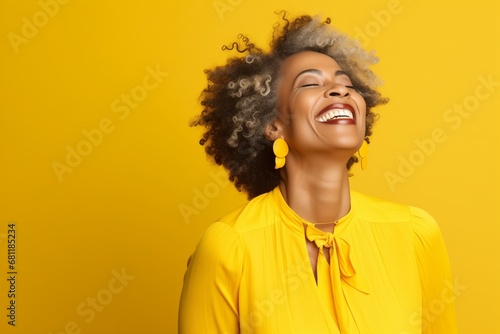 Beautiful senior black woman model woman with grey afro hair laughing and smiling. Aged woman close up portrait. Healthy face skin care beauty, skincare cosmetics, dental.