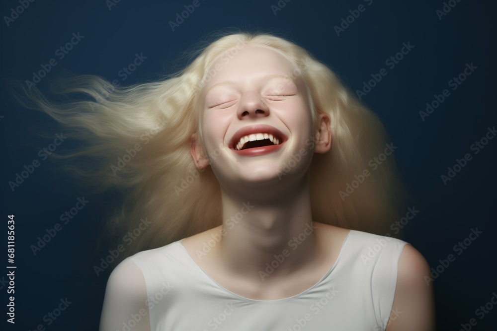 Beautiful gorgeous young woman model with silver blonde hair laughing and smiling. Beautiful clean Young woman close up portrait on dark blue. Healthy face skin care beauty, Eco Bio skincare cosmetic. Beautiful gorgeous young woman model with silver blonde hair laughing and smiling. Beautiful clean Young woman close up portrait on dark blue. Healthy face skin care beauty, Eco Bio skincare cosmetic.
