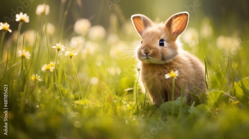 cute rabbit in the grass field on a spring day, copy space, 16:9 © Christian