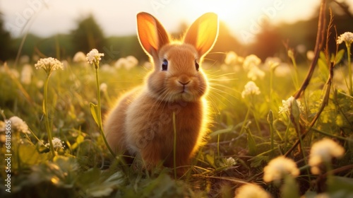cute rabbit in the grass field on a spring day, copy space, 16:9