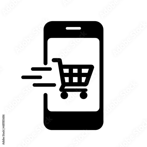 Online shopping icon. Simple black mobile phone with a shopping cart icon on the screen. Concept of mobile commerce and online shopping apps