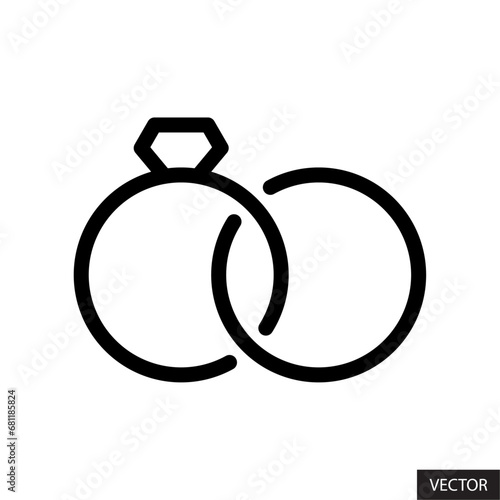 Engagement rings, wedding rings, diamond ring, marital status concept vector icon in line style design for website, app, UI, isolated on white background. Editable stroke. Vector illustration.