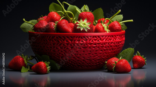 a basket of ripe strawberries with a few leaves still attached