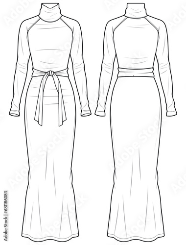 Women high neck bandage column dress design flat sketch fashion illustration with front and back view, raglan long sleeve turtle neck bodycon dress drawing vector template