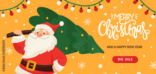 Merry Christmas and happy New Year Santa Claus character with Christmas tree Xmas holiday banner background. Greeting card, web poster template. Christmas vector illustration in flat cartoon style