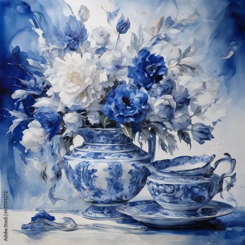 watercolor of still life with flowers, blue and white contemporary art, intense, stylized, detailed, high resolution