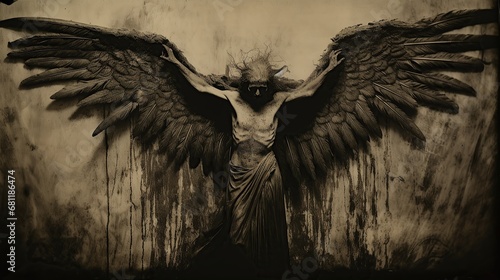angel of death with open wings on black background