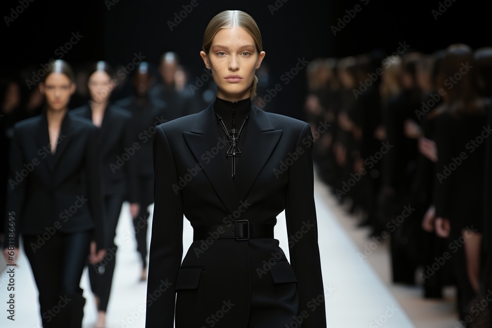 A Striking Fashion Statement: A Model Struts Down the Runway in a Sleek Black Ensemble