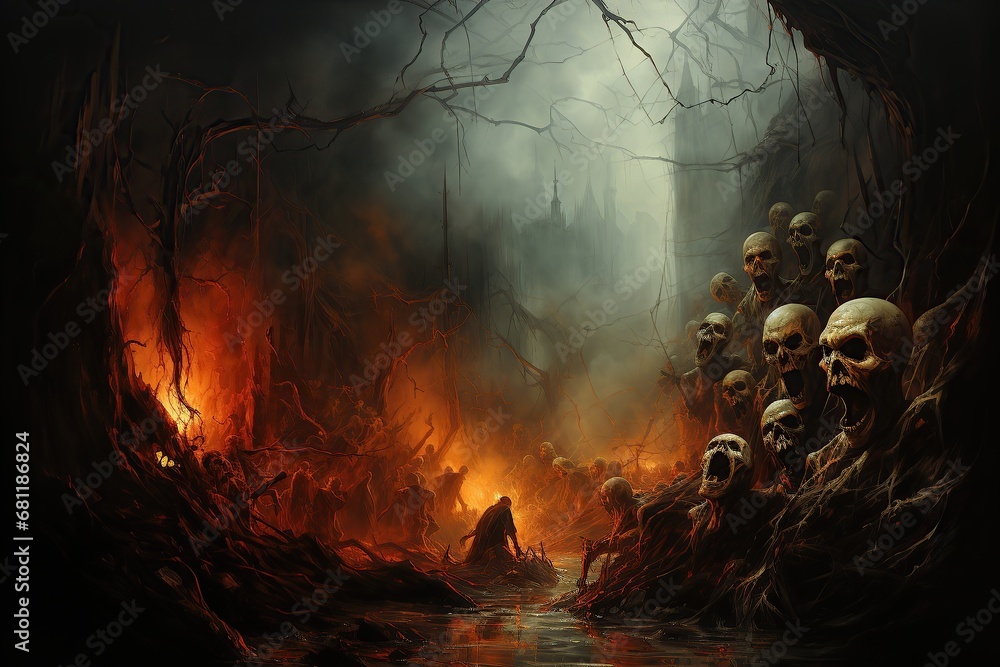scary zombie - scary scene of hell - obrazy, fototapety, plakaty 