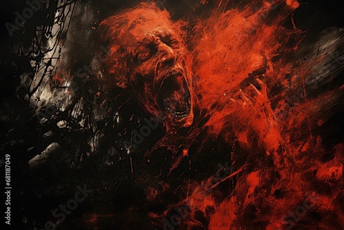 a scary zombie is burning in hell photo