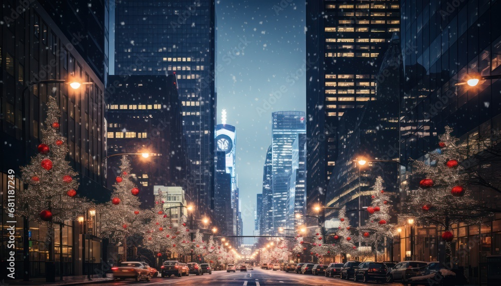 A Winter Wonderland: Serene City Street Illuminated by Snowflakes and Gleaming Lights