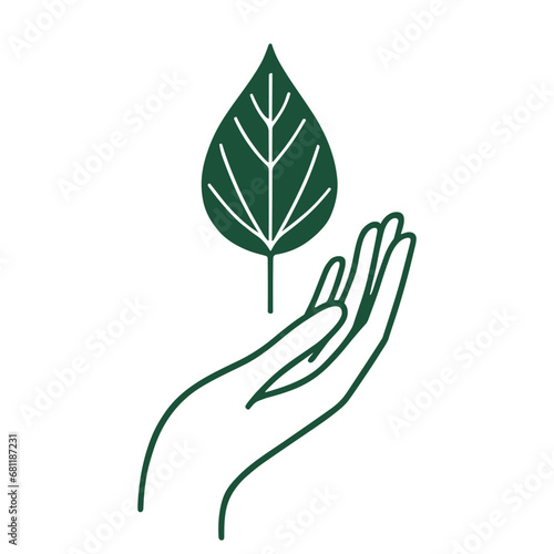 Hand embracing leaf icon isolated. Hand protecting a leaf