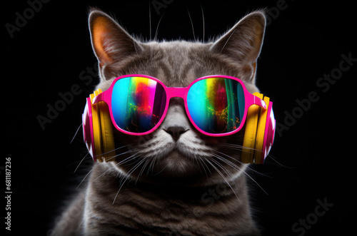a cat in neon shades in headphones