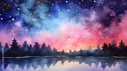 Watercolor night landscape with moon, clouds and stars