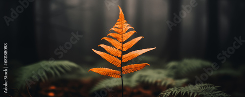 Beautiful background with fall orange fern leaf. Wet green foliage natural floral background. Autumn rainy forest photo