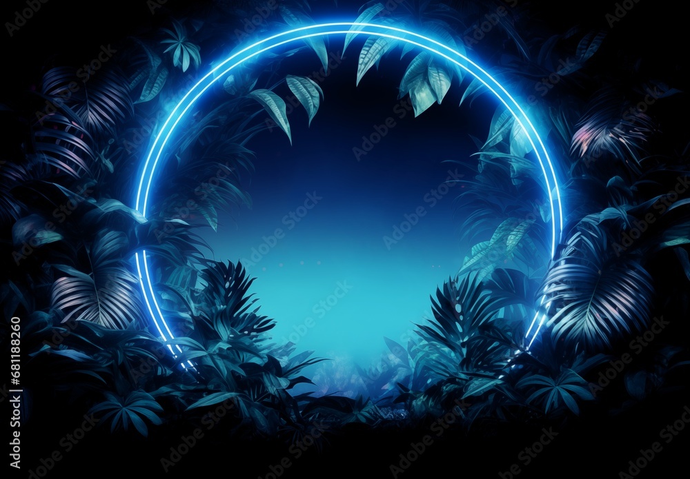 blue neon circle light with green tropical leaves blue neon circle light with green tropical leaves