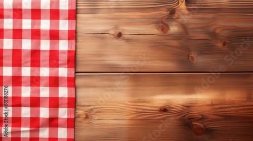 red checkered tablecloth napkin on empty wooden table, top view. kitchen rustic background, mock up for design
