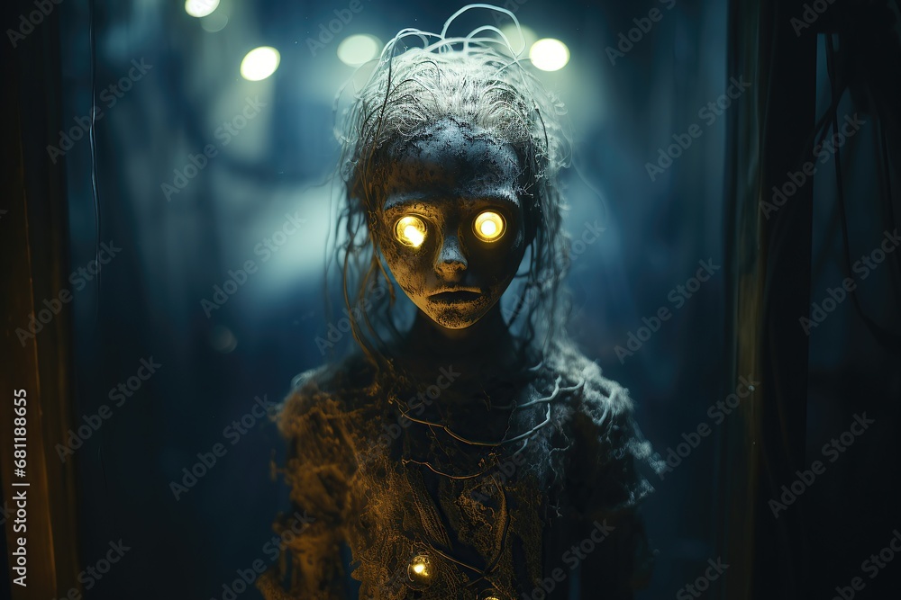 Realistic scary female zombie on a blured background - close up Realistic scary female zombie on a blured background - close up