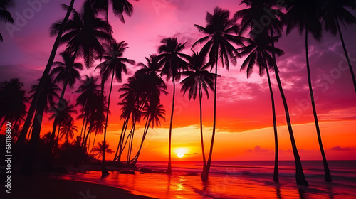 Beautiful colorful sunset on tropical ocean beach with coconut palm trees silhouettes © Prasanth