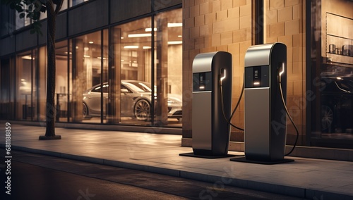 Two Electric Cars Charging in Front of a Building photo