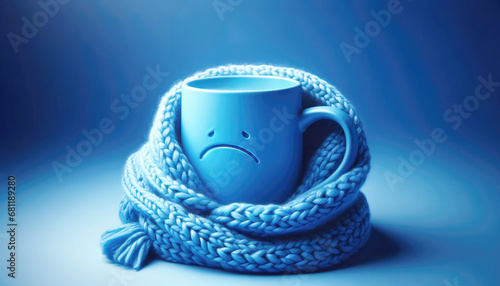 Blue monday concept. Cup of tea with sad smiley face wrapped in a knitted scarf on blue background. The saddest day of the year photo