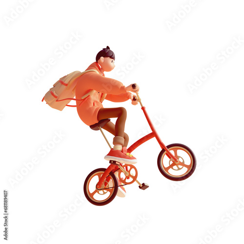Young cute funny smiling сasual asian guy wears fashion clothes red hoodie, brown jeans, sneakers, yellow backpack rides bicycle up floats in air have fun, rejoice, joy. 3d render isolated transparent