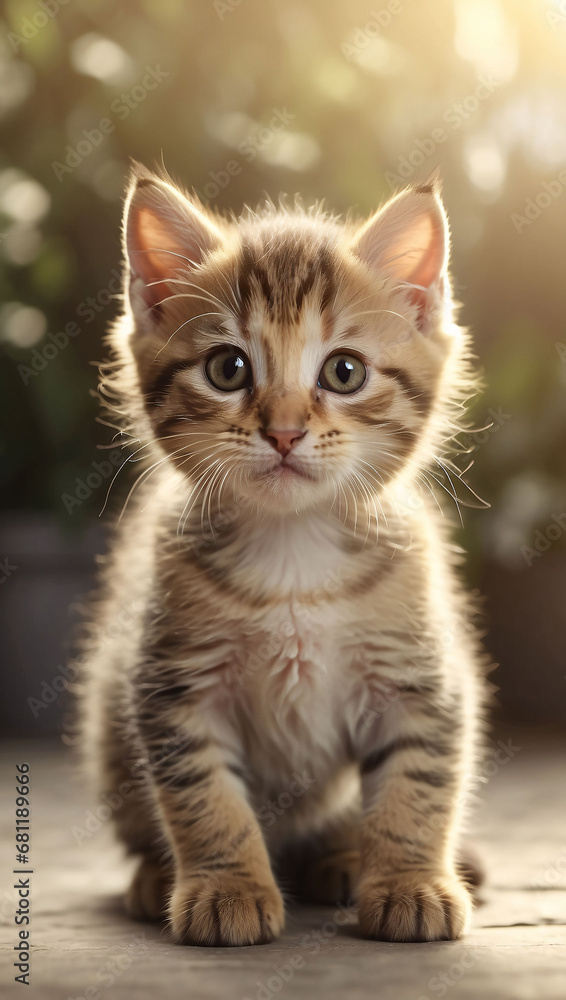 Cute tabby kitten on light background. Shallow depth of field
