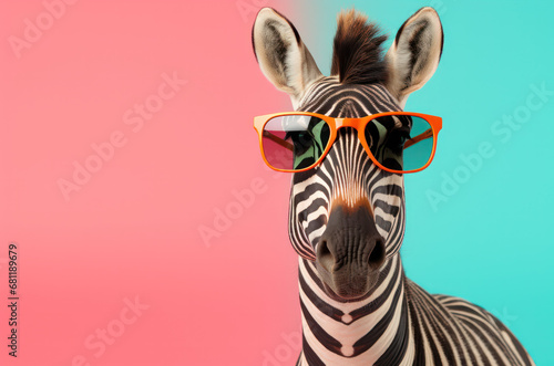 zebra waist-high in sunglass shade glasses isolated on solid pastel background