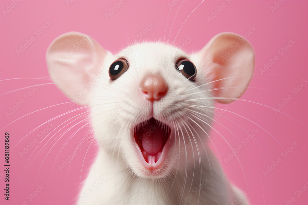 surprised white mouse on a solid pink background surprised white mouse on a solid pink background