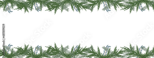 Christmas Border of Branches. Spruce Twigs Background. pine leaves isolated on a white background. Vector graphics