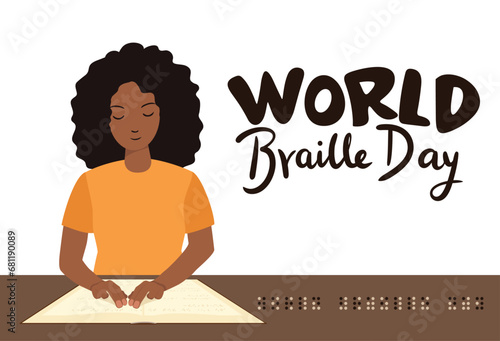 World Braille Day banner with blind African woman reads Braille book.  Handwriting text banner for World Braille Day in flat style. Hand drawn vector art.
