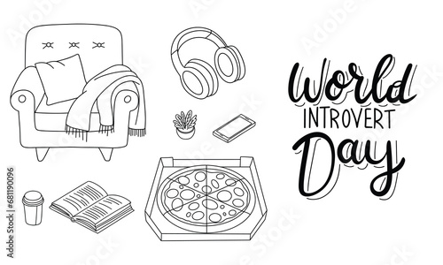 World Introvert Day doodle banner. Set of outline thighs for Introvert in doodle style. Hand drawn vector art.