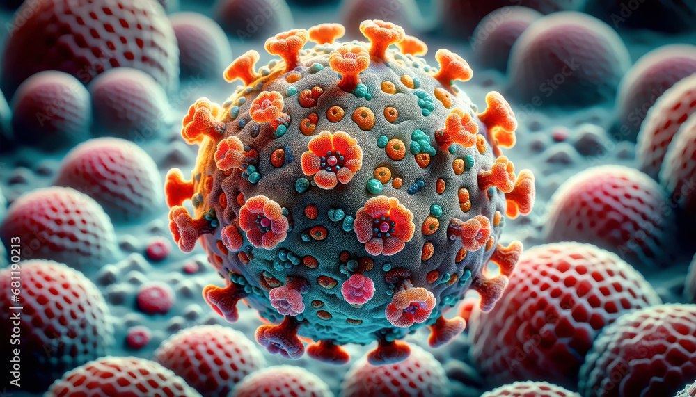 virus microscopic view of floating influenza with virus cells. Viruses and pathogens in a viral epidemic infection. Generative Ai - obrazy, fototapety, plakaty 