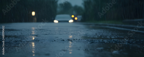 Tranquil scene of rain shower on an empty road  showcasing serene rainfall  wet asphalt texture  roadside foliage  and the peaceful ambiance of a rainy day