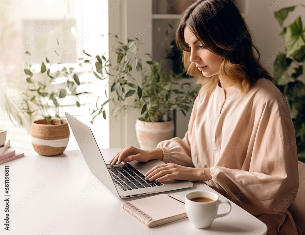 Fototapeta premium Young woman Using Laptop at Home Office with Coffee Cup on Table