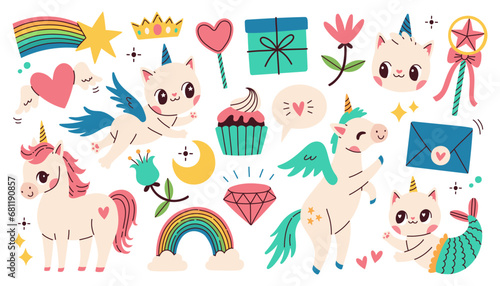 Cute unicorn set on white background. Vector illustration for birthday, invitation, baby shower card, kids tshirts. 
