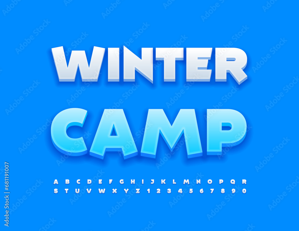 Vector artistic logo Winter Camp. Blue 3D Font. Modern Alphabet Letters, Numbers and Symbols set
