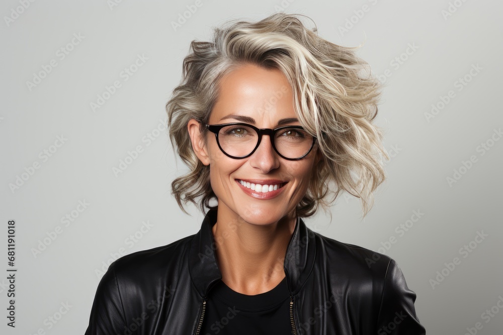 A happy woman smiling with glasses on gray background. A happy woman smiling with glasses on gray background.