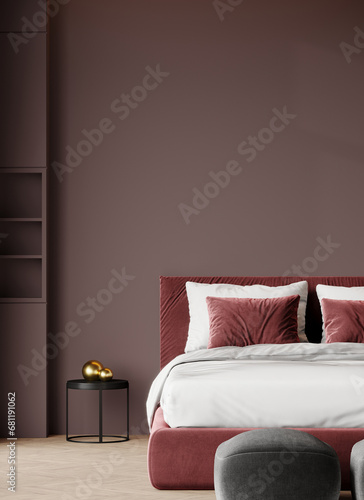 Deep dark master bedroom with big burgundy red bed. Mix colors - maroon, black, grey and brown. Empty painted accent wall. Luxury room design home or hotel. 3d rendering photo