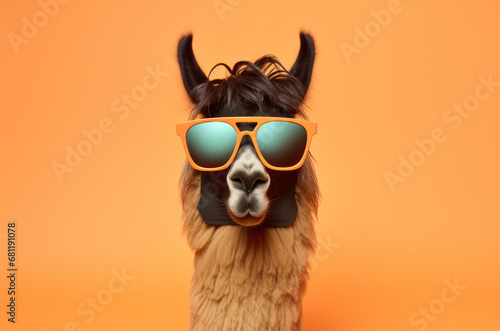 Llama in sunglass shade glasses isolated on solid pastel background